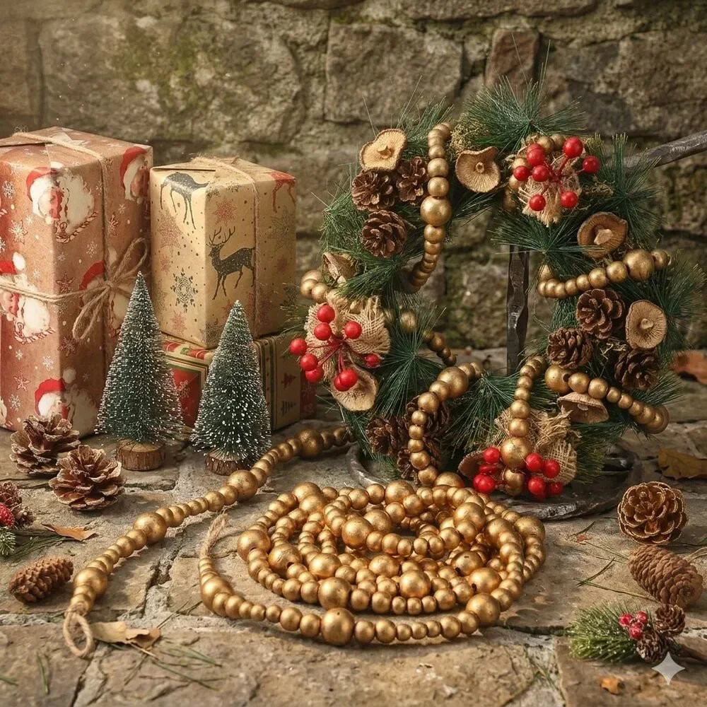 72 ft Antique Gold Wood Bead Garland 4pc Christmas Tree Farmhouse Rustic Decor
